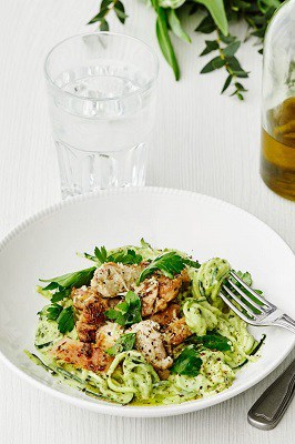 Keto avocado chicken with zoodles and alfredo sauce