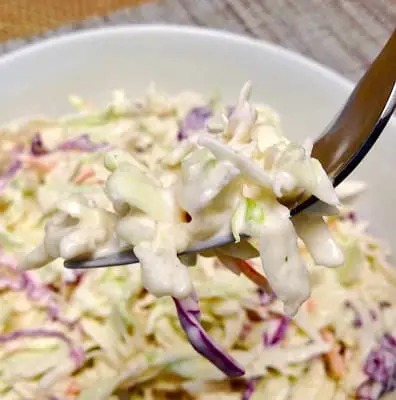 easy bbq keto coleslaw recipe in a bowl with a spoon
