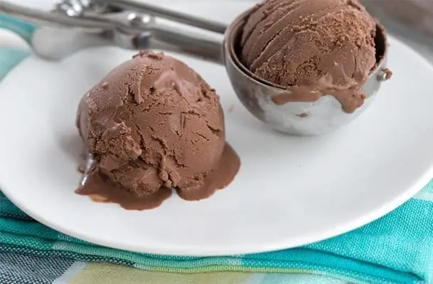 Keto chocolate ice cream with a scoop on a plate