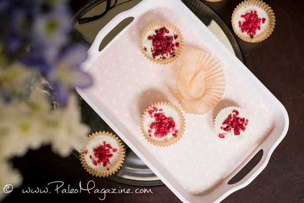 Rasperry white chocolate pieces on a serving plate