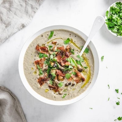 Keto bacon and creamy mushroom soup in a bowl