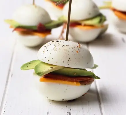 Bacon cheese and avocado egg bites on tooth picks