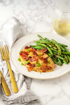 Crockpot keto bacon ranch chicken with beans on a plate