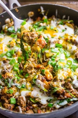 One pot cheesy tacos in a frying pan