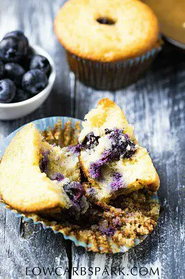 quick and easy low carb blueberry muffin cut in half