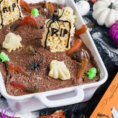 Keto halloween graveyard cake in a baking dish