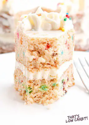 Colorful keto birthday cake slice