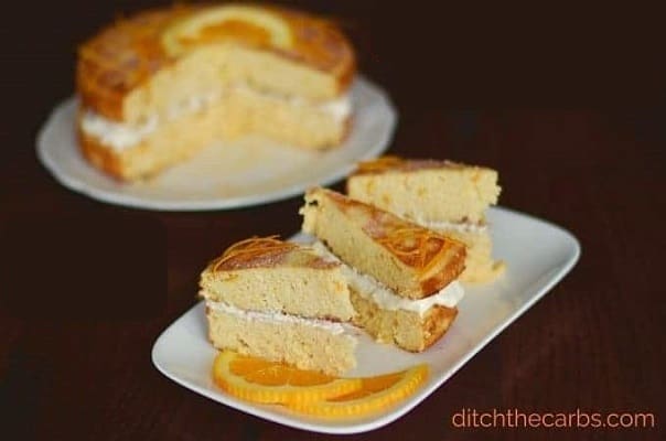 Keto almond and orange flourless cake on separate plates