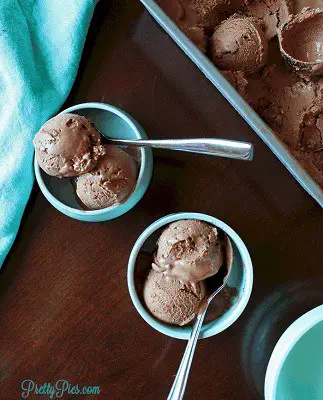 Dairy free keto chocolate ice cream in small blue bowls