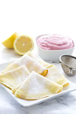 Lemon crepes with whipped raspberry cream cheese