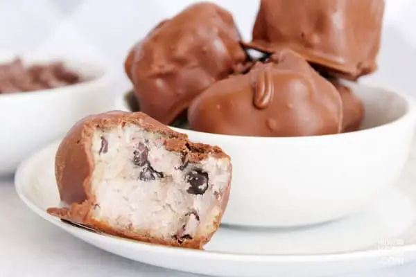 Low carb chocolate chip ice cream bites in small white bowl