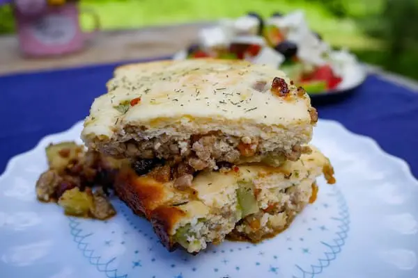 keto moussaka with zucchini and mince on a white plate