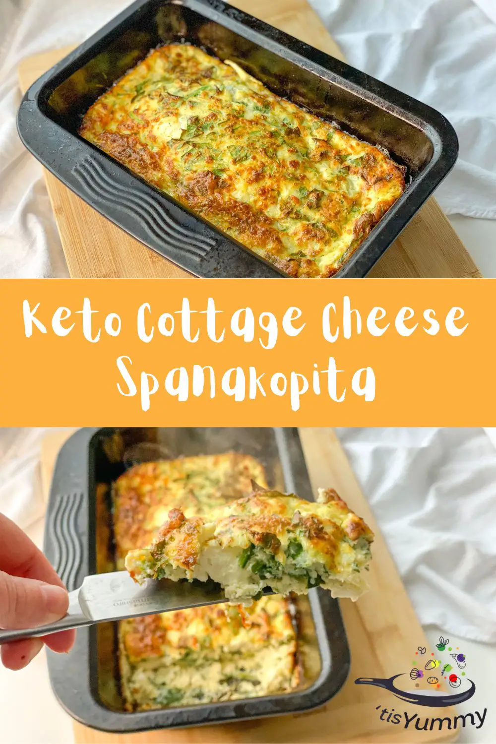 keto cottage cheese spanakopita double image in pan and a slice on a knife