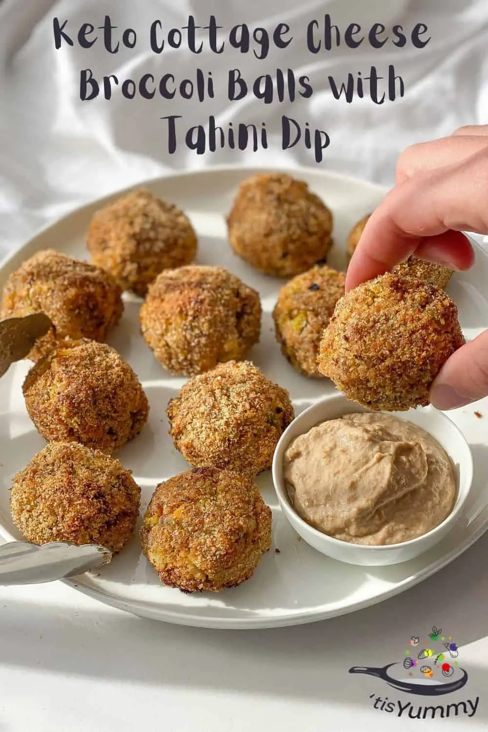 keto cottage cheese broccoli balls with tahini dip being picked up