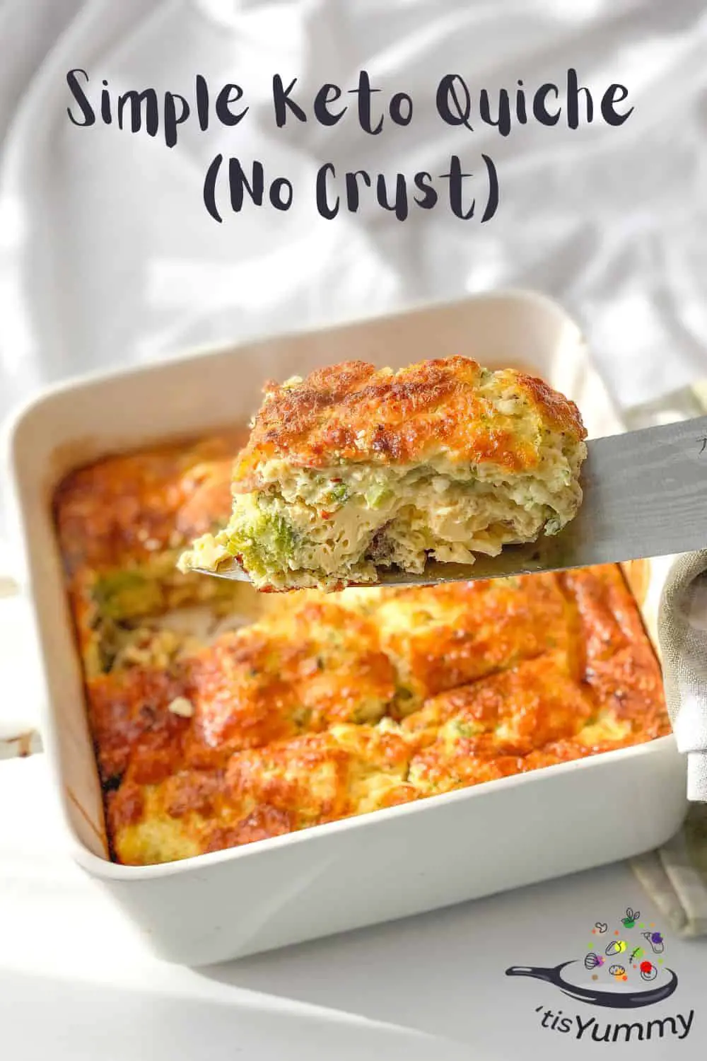 keto quiche with no crust being served on a knife 