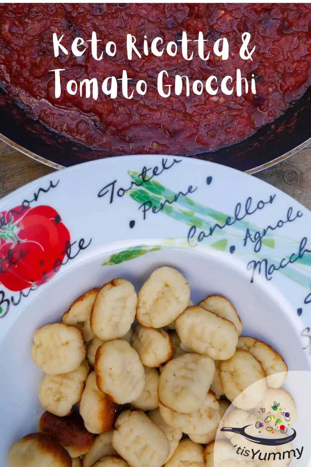 Keto ricotta & tomato gnocchi in pan and dish