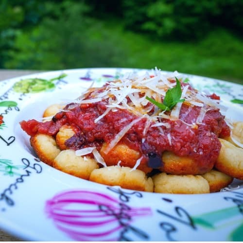 keto ricotta and tomato gnocchi in a dish