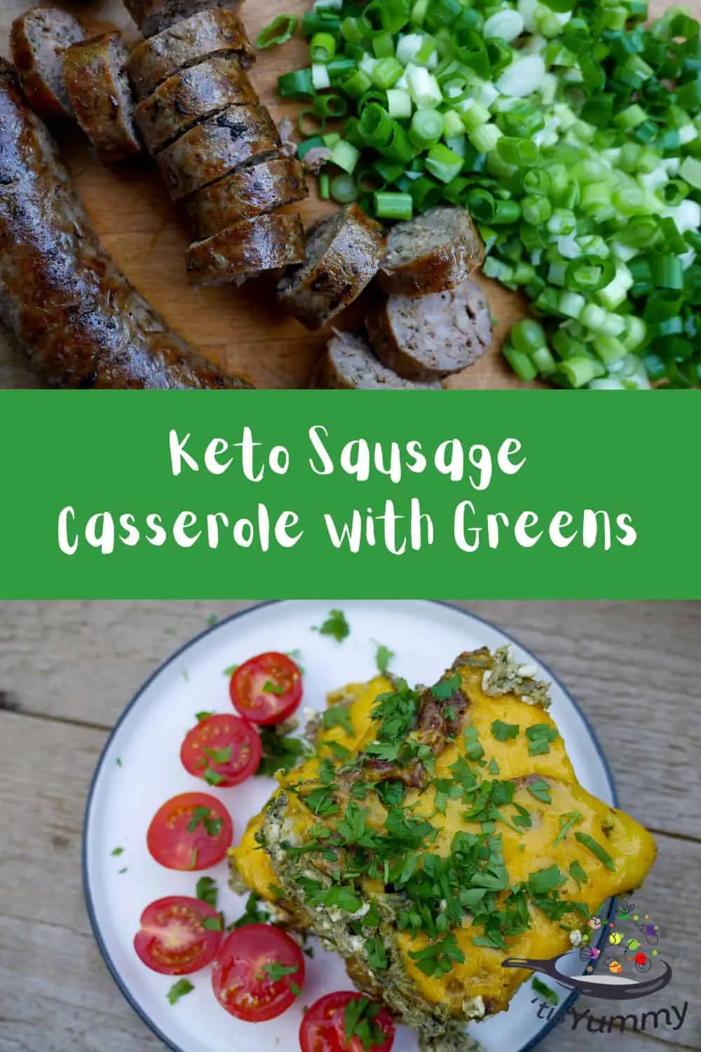 keto sausage casserole with greens in a pin format