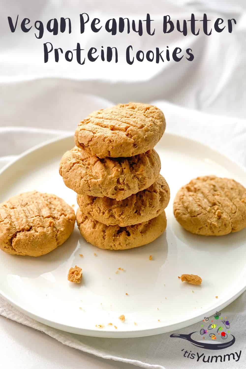 vegan peanut butter protein cookies stacked on a plate