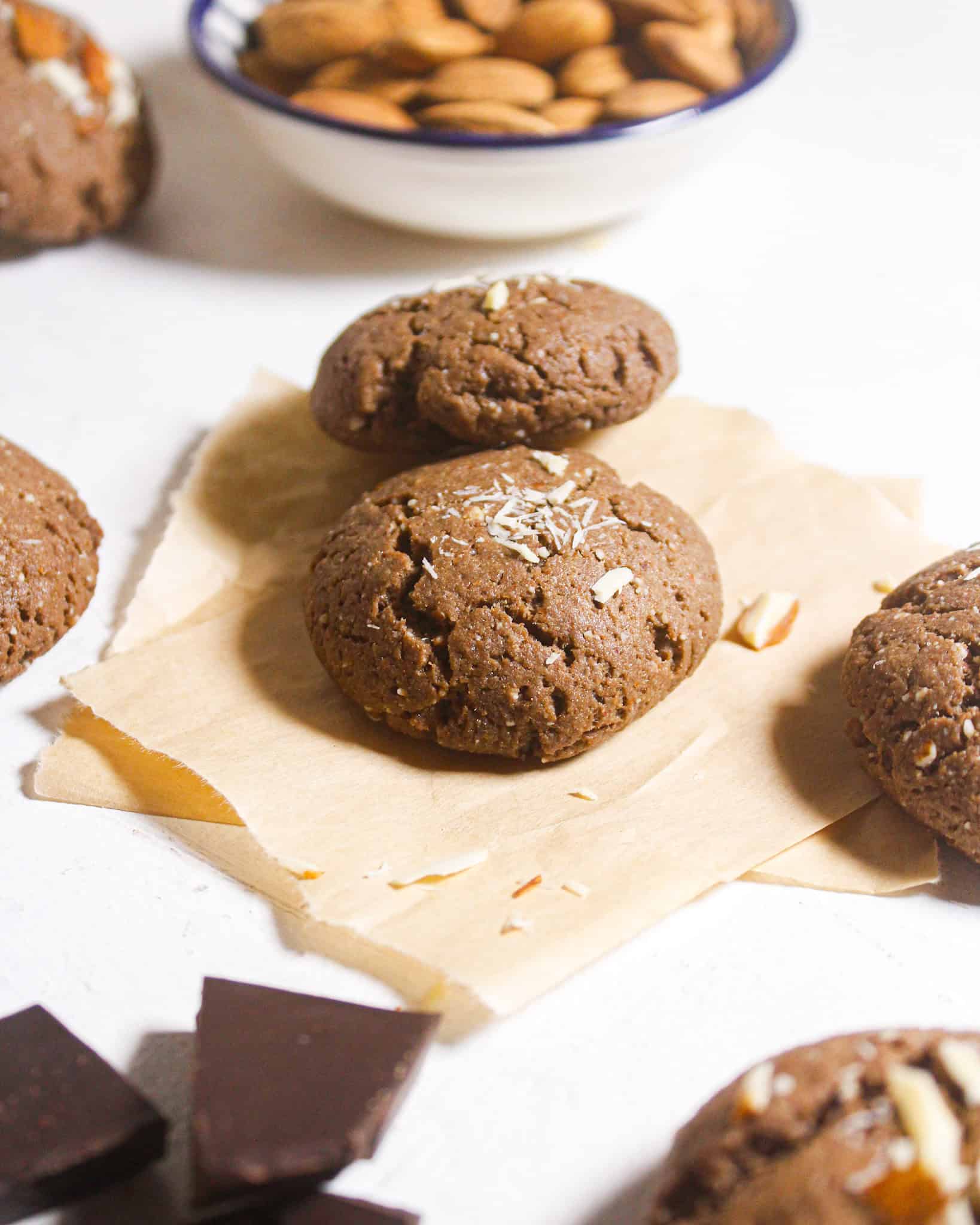 two keto almond chocolate cookies sitting side by side
